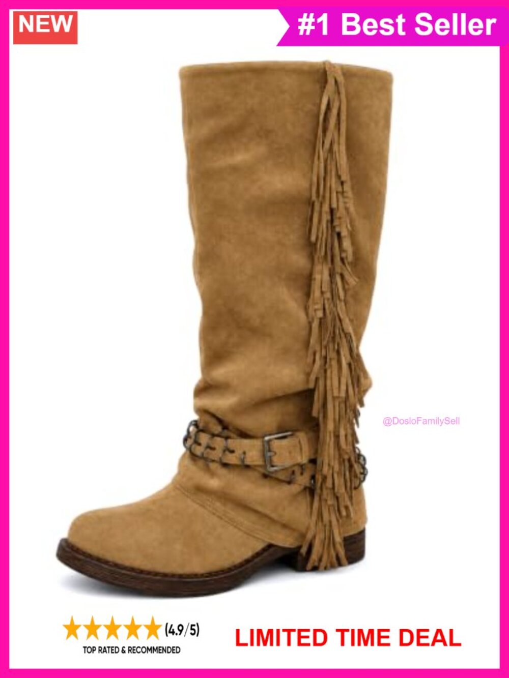 Fringe Buckle Slouchy Pull-On Western Boots Calf High Faux Leather